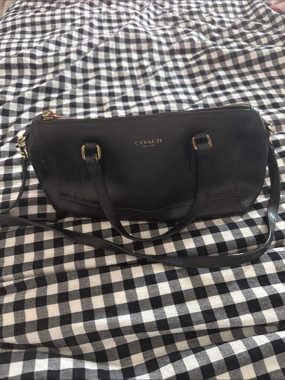 Coach Black Leather Crossbody Satchel with Gold Hardware